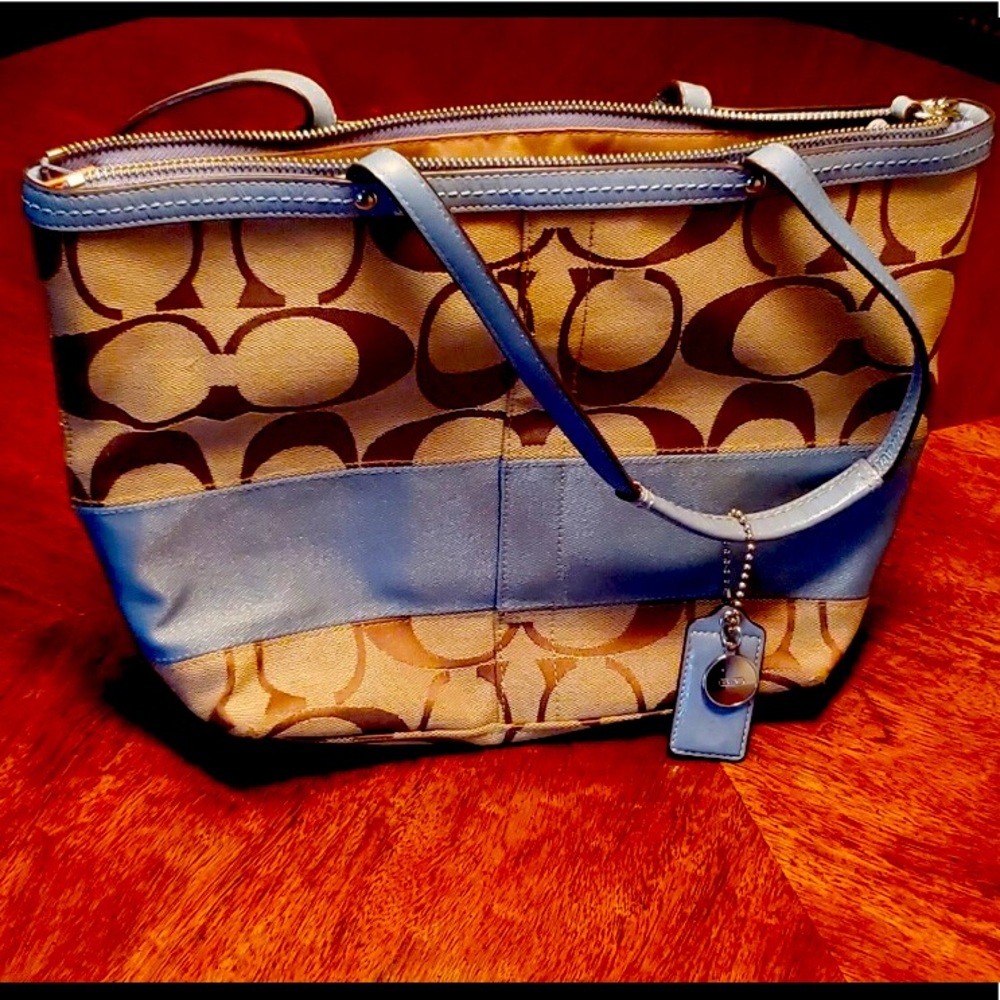 Baby blue and taupe Coach tote